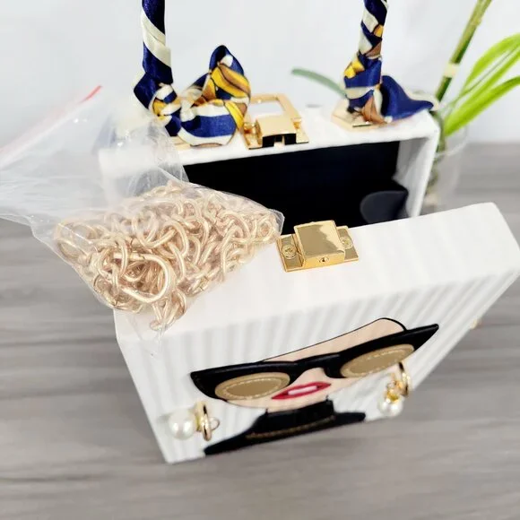Fashion Lady Face Trendy Box Handbag for Women w/Pearl Earrings, Scarf Handle - Picture 10 of 16